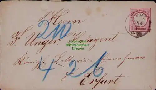 B22043 Ganzsache Briefumschlag DR Deutsches Reich Suhl 1874 nach Erfurt