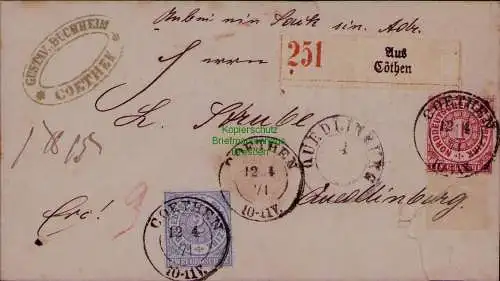 B22030 Brief Paketbegleitbrief Cöthen 1871 NDP nach Quedlinburg
