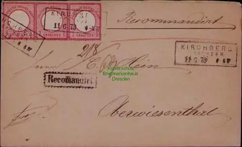 B22038 Brief DR Deutsches Reich 3x 19 Dreierstreifen Kirchberg in Sachsen 1873