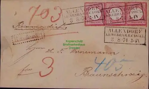 B22037 Brief DR Deutsches Reich 3x 19 Dreierstreifen Allendorf a.d. Wera Cassel