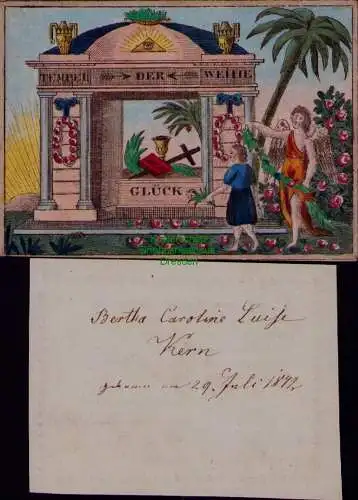 B22027 Taufbrief Taufpatenbrief 1842 mit Einlageblatt Der Tempel Weihe Glück