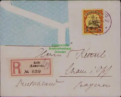 B22108 Kamerun Ekododo violett Briefteil Einschreiben Kribi Cham Bayern