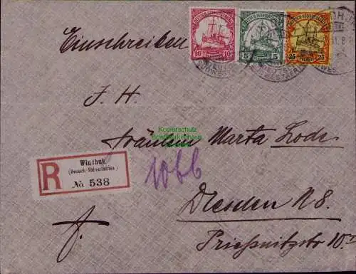 B22105 R-Brief DSW Deutsch Südwestafrika Windhuk 1911 nach Dresden