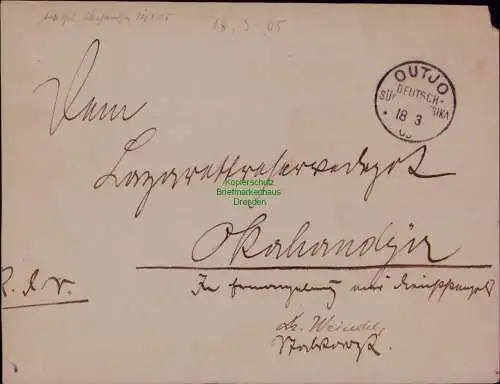 B22112 Brief DSW Deutsch Südwestafrika Outjo nach WOkahandja 1905 RDS