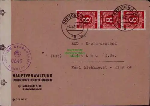 B22078 Brief Zensur BAZ British Censorship Germany 1947 Dresden nach Zittau