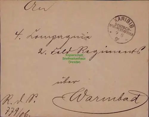 B22101 Briefvorderseite Feldpost DSW Deutsch Südwestafrika Karibib nach Warmbad