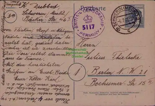 B22060 Ganzsache Schwerin Meckl. 1948 nach Berlin Zensur BAZ British Censorship