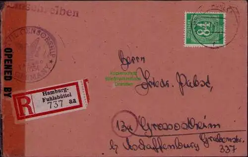 B22055 Brief Zensur BAZ Civil Censorship Hamburg Fuhlsbüttel 1947 n Grossostheim