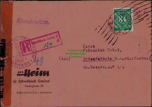B22056 Brief Zensur BAZ Civil Censorship Schwäbisch Gmünd 1947 nach Grossostheim