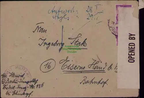 B22063 Brief Zensur BAZ Military Censorship Berlin Tempelhof nach Eiserne Hand
