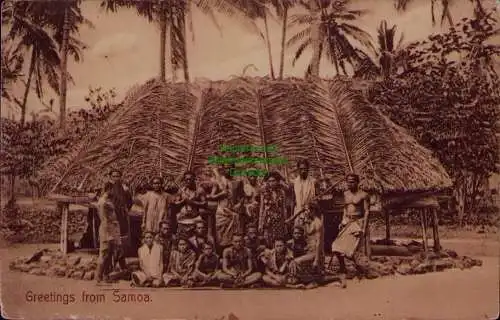 163285 AK Greetings von Samoa Großfamilie vor Hütte Verlag Tattersall 6455 nach