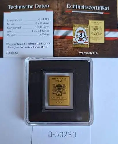 B50230 Münze Wappen Berlin Gold Au 999 1/500 oz Republique du Tschad 3000 F