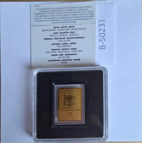 B50231 Münze  Albrecht Dürer Gold Au 999 1/500 oz Republique du Tschad 3000 Fr