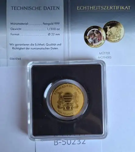B50232 Münze  Mütter Gold Au 999 1/500 oz Republique du Tschad 3000 Francs CFA