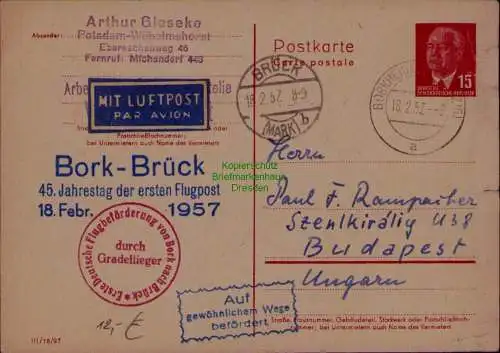 B21700 DDR Ganzsache Pieck P 64 Bork Brück Jahrestag nach Budapest Ungarn 1957