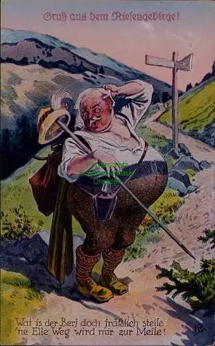 163430 AK Gruß aus dem Riesengebirge! Künstlerkarte Humor Dicker Mann  um 1930