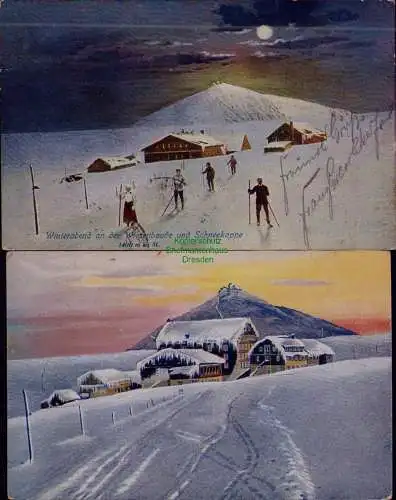 163367 2 AK Riesengebirge Winterabend Wiesenbaude Schneekoppe 1923 1924