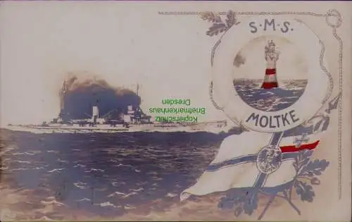 163358 AK Fotokarte SMS Moltke Flagge Leuchtturm Briefstempel Kaiserliche Marine