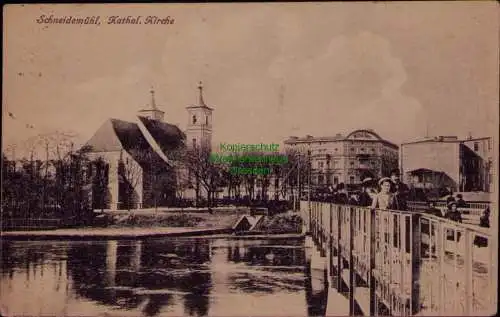 163379 AK Schneidemühl Kathol. Kirche Pila Großpolen Brücke 1924
