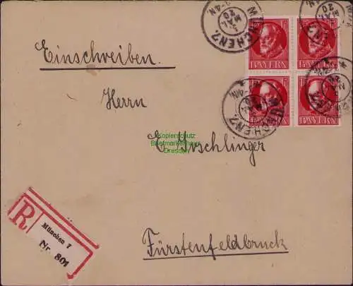 B22185 Brief Bayern  4x 115 Ab Einschreiben München 1920 nach Fürstenfeldbruck