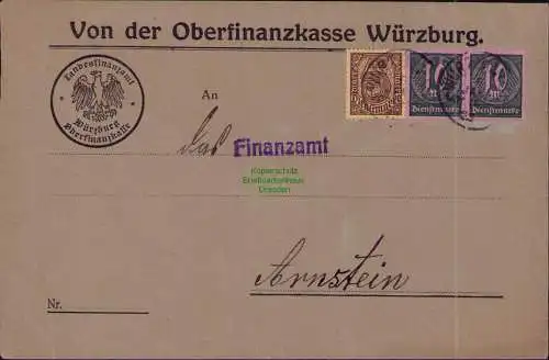B22192 Brief Deutsches Reich Dienst 1922 Von der Oberfinanzkasse Würzburg an Fin