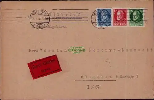 B22202 Brief Würzburg Eilboten 1916 nach Glauchau