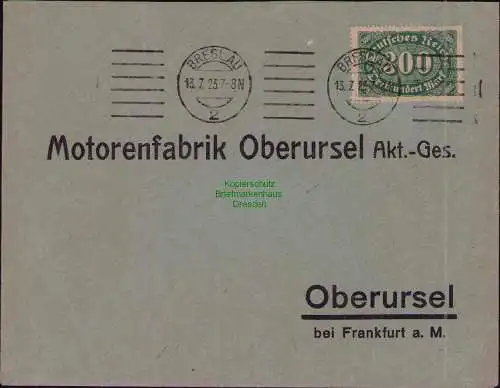 B22245 Brief Deutsches Reich 1923 Breslau an Motorenfabrik Oberursel Akt.-Ges. O