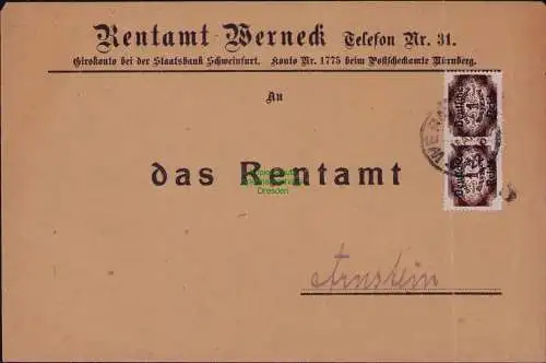 B22290 Brief Deutsches Reich Dienst 1922 2x D 46 Rentamt Werneck nach Arnstein