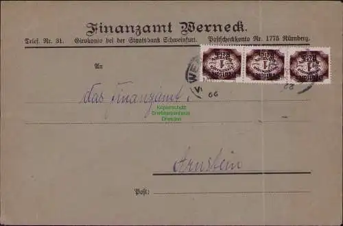 B22294 Brief Deutsches Reich Dienst 1922 3x D 46 Finanzamt Werneck nach Arnstein