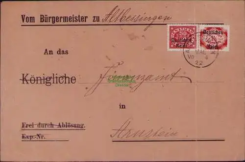 B22308 Brief Deutsches Reich Dienst 1922 D 40 48 Vom Bürgermeister zu Allbessing