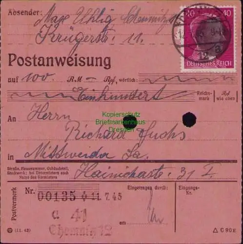 B22141 Brief Sächs. Schwärzung 12 Pfg. Hitler Zwönitz Bedarf 1945 n Leipzig SBZ