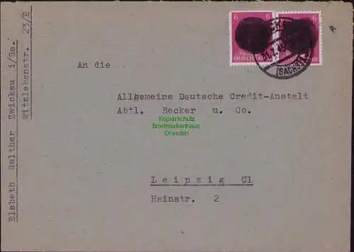 B22142 Brief Sächs. Schwärzung 2x 6 Pfg. Hitler Zwickau Bedarf 1945 nach Leipzig