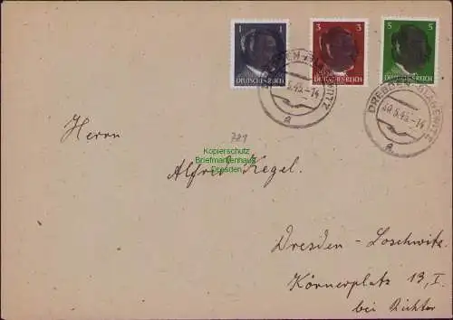 B22137 Brief Sächs. Schwärzung 1, 3, 5 Pfg. Hitler Dresden Blasewitz 1945 SBZ