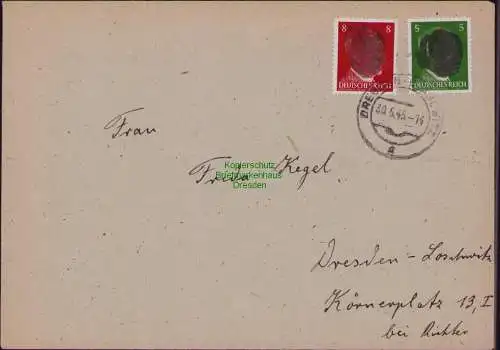 B22138 Brief Sächs. Schwärzung 5, 8 Pfg. Hitler Dresden Blasewitz 1945 SBZ