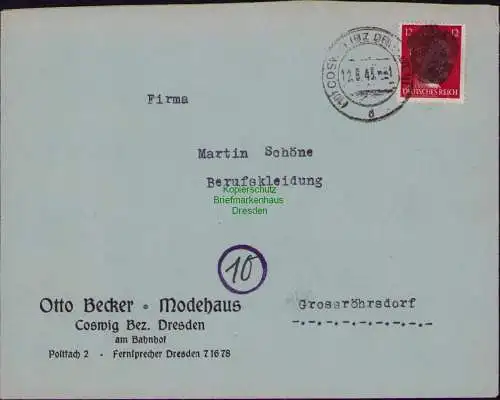 B22146 Brief Sächs. Schwärzung 12 Pfg Hitler Coswig Bez. Dresden Grossröhrsdorf