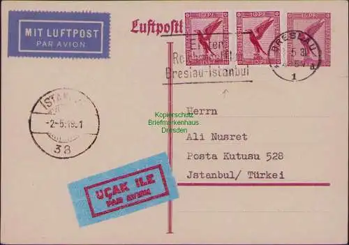 B22116 Ganzsache Deutsches Reich Breslau 1931 nach Istanbul Türkei Luftpost
