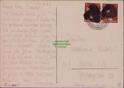 B22145 Postkarte Sächs. Schwärzung 2x 3 Pfg Hitler Überroller 12.4.45 geschwärzt