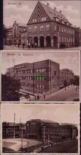 167388 3 AK Zwickau i.Sa. Neuer Bahnhof Pestalozzischule Sächsische Staatsbank 1