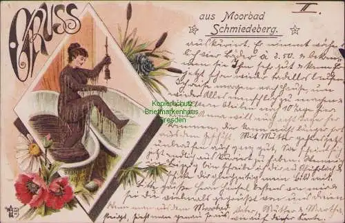 156099 AK Litho Gruss aus dem Moorbad Schmiedeberg 1902 Frau Mohnblume