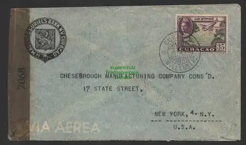 B10153  Willemstad Luftpost 1945 Doppelzensur Curacao USA Marke Perfin Via Aerea