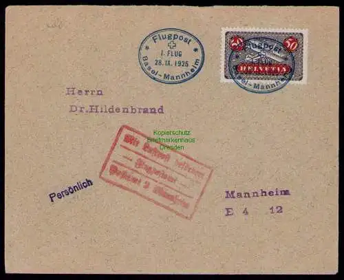 B17990 Brief Flugpost 1. Flug Basel - Mannheim 1925 Schweiz 184 EF