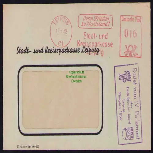 B19569 Brief Losungsstempel Propaganda Rüstet zum IV. Parlament der FDJ Leipzig