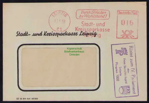 B19569 Brief Losungsstempel Propaganda Rüstet zum IV. Parlament der FDJ Leipzig