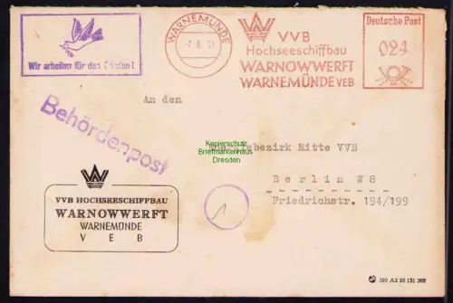 B19571 Brief Losungsstempel Propaganda Warnowwerft Warnemünde 1951 Wir arbeiten