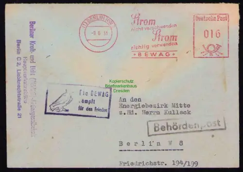 B19573 Brief Losungsstempel Propaganda Berlin 1951 Die BEWAG kämpft Frieden