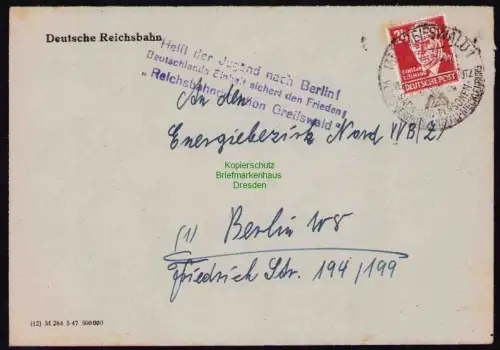 B19581 Brief Losungsstempel Propaganda Greifswald 1950 helft der Jugend nach Ber