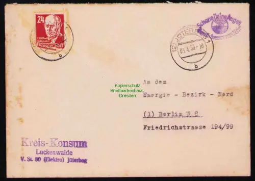 B19585 Brief Losungsstempel Propaganda Jüterbog 1950 Schone Deine Augen