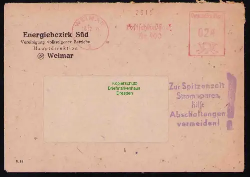 B19587 Brief Losungsstempel Propaganda Weimar 1951 Zur Spitzenzeit Strom sparen