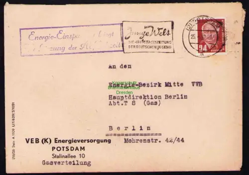 B19589 Brief Losungsstempel Propaganda Potsdam 1952 Energie Einsparung ...