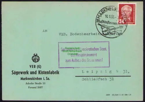 B19595 Brief Losungsstempel Propaganda Markneukirchen 1953 Stärkt unseren Staat
